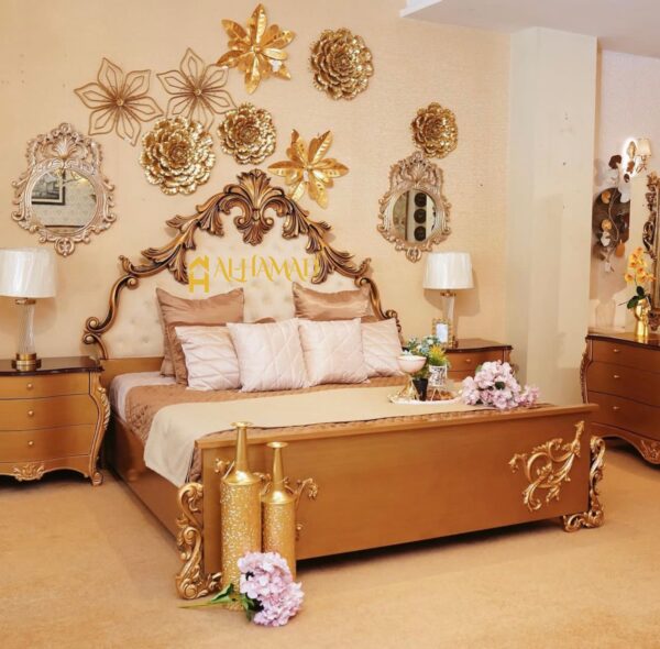 Royal Gold Wooden Carved Bed Set